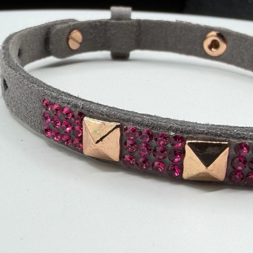 Gray Suede Studded Crystal Bracelet Rose Gold Tone Pink Rhinestone Gift Cuff
